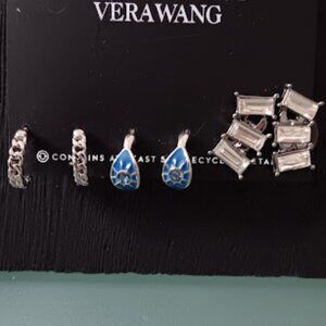 VERA WANG 3pc Silver Blue Crystal Starburst/Chain/Rhinestone Stud+Hoop Earrings